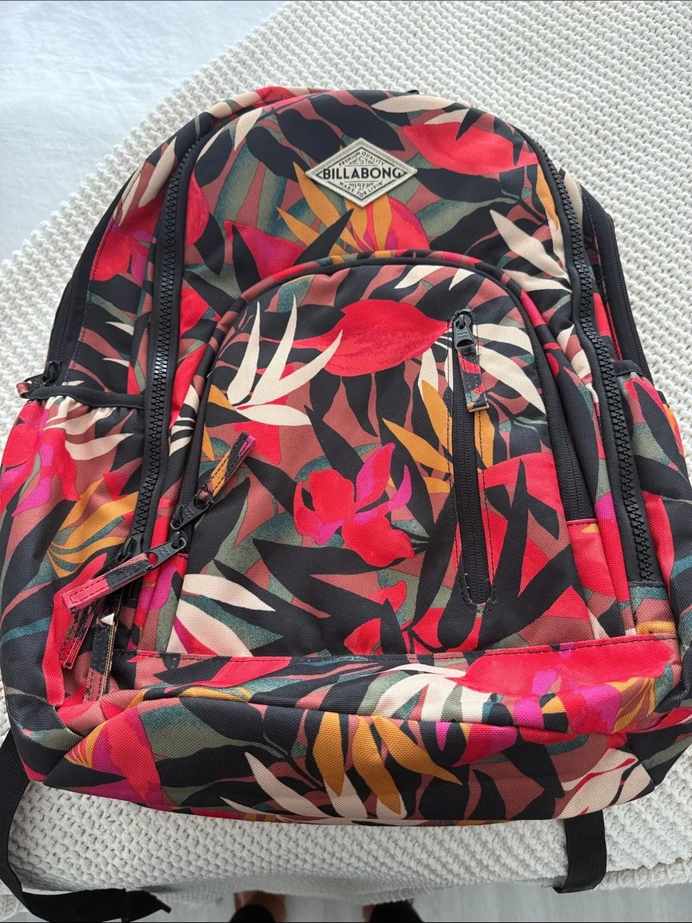 Billabong Black Floral Backpack with Red and Pink Accents